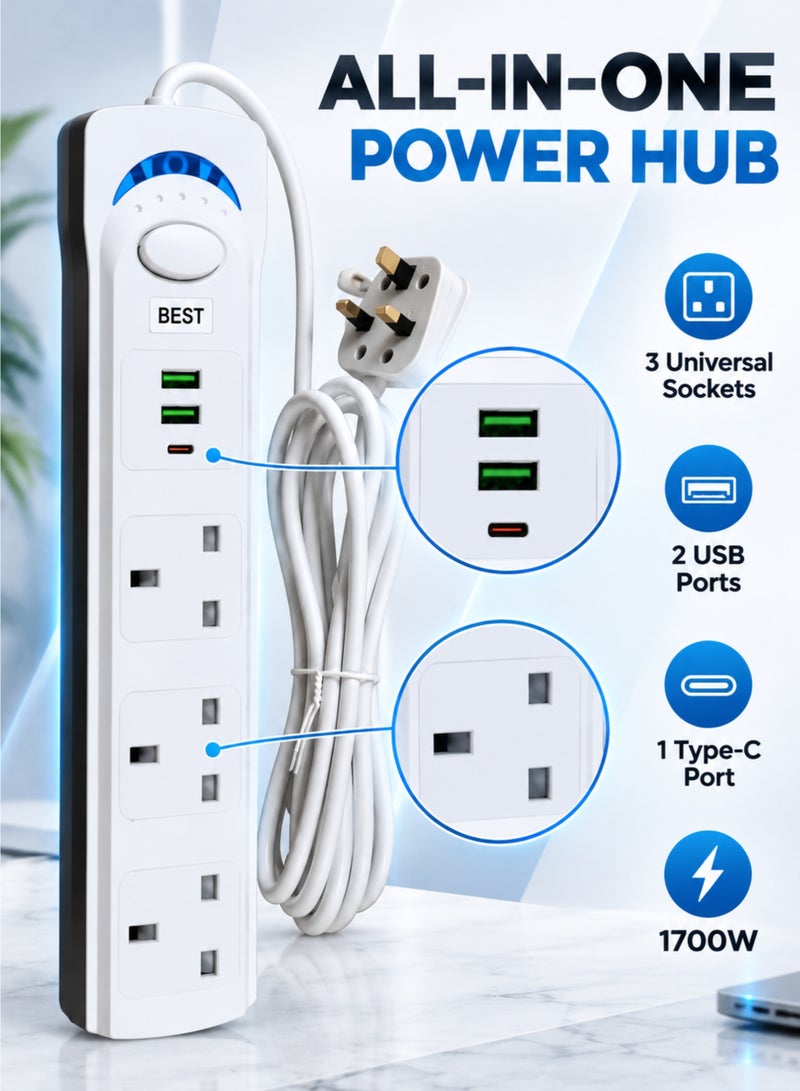 بست سلك تمديد مع حماية من زيادة التيار، 3 منافذ + منافذ شحن USB وType-C، 1700 واط، طول 3 أمتار - أبيض - Image 3