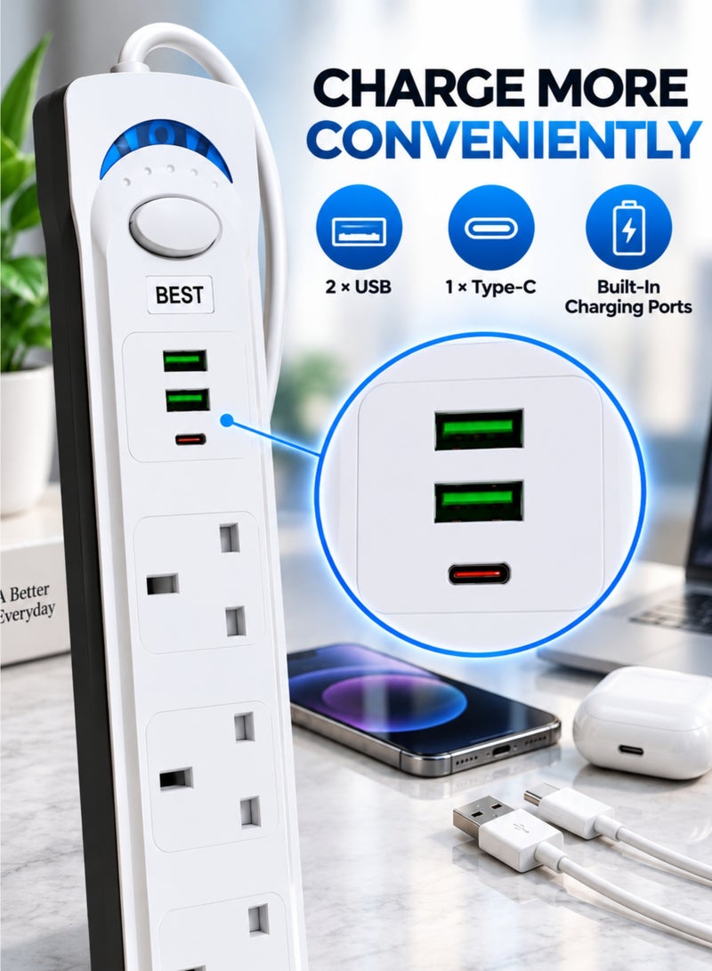 بست سلك تمديد مع حماية من زيادة التيار، 3 منافذ + منافذ شحن USB وType-C، 1700 واط، طول 3 أمتار - أبيض - Image 4