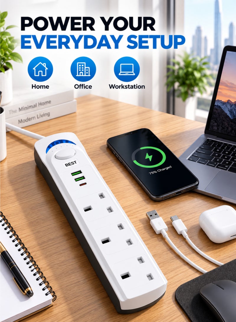 بست سلك تمديد مع حماية من زيادة التيار، 3 منافذ + منافذ شحن USB وType-C، 1700 واط، طول 3 أمتار - أبيض - Image 5