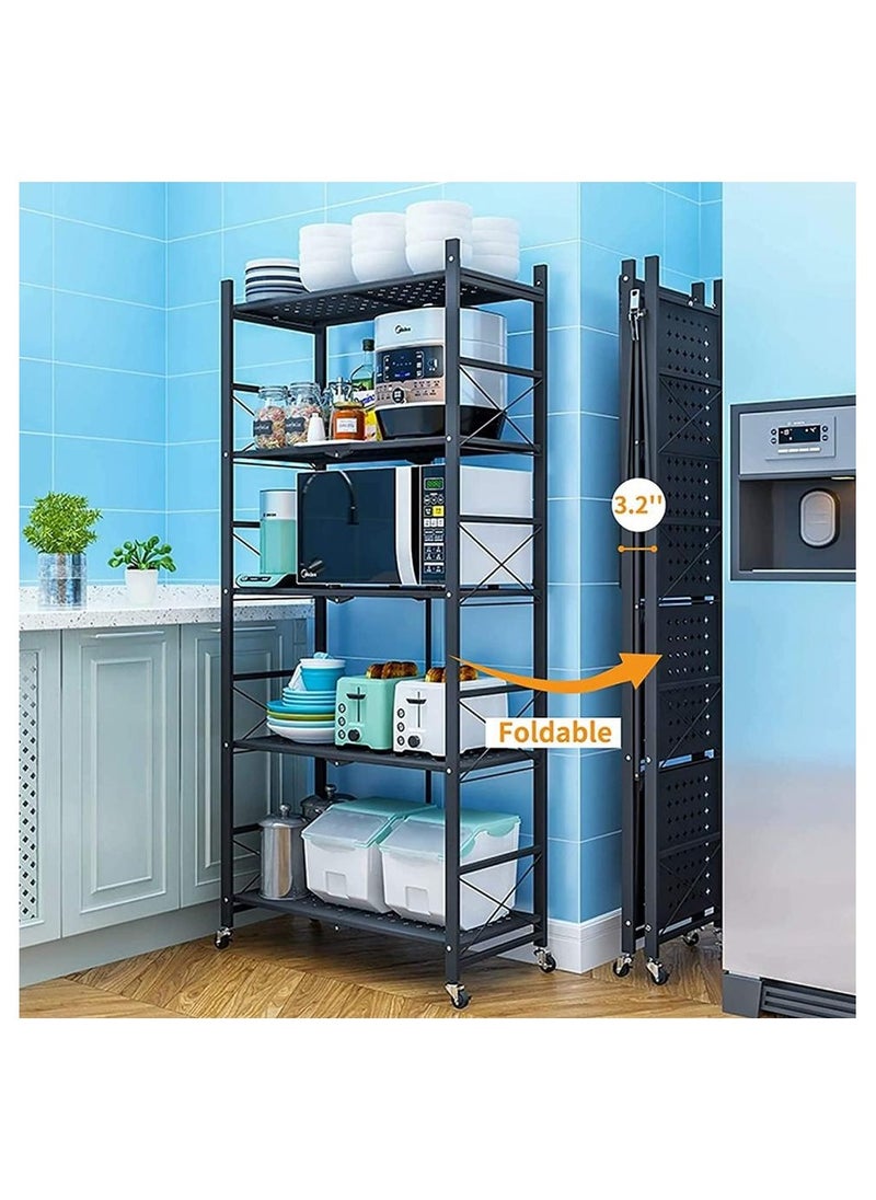 AIWANTO 5 Tier Foldable Storage Rack Kitchen Storage Shelf Kitchen Garage Home Closet Office Storage Rack Storage Organizer Storage Shelves No Assembly Required Black  - Image 5