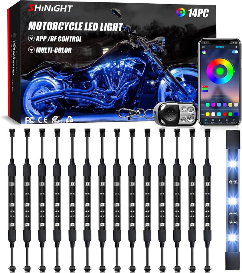 SHINIGHT 14 Pcs Motorcycle LED Light Kits, App Control Multicolor Waterproof Motorcycle LED Strip Lights with RF Remote, Music Sync & Multiple Scene Modes RGB LED Lights for Motorcycles - Image 1