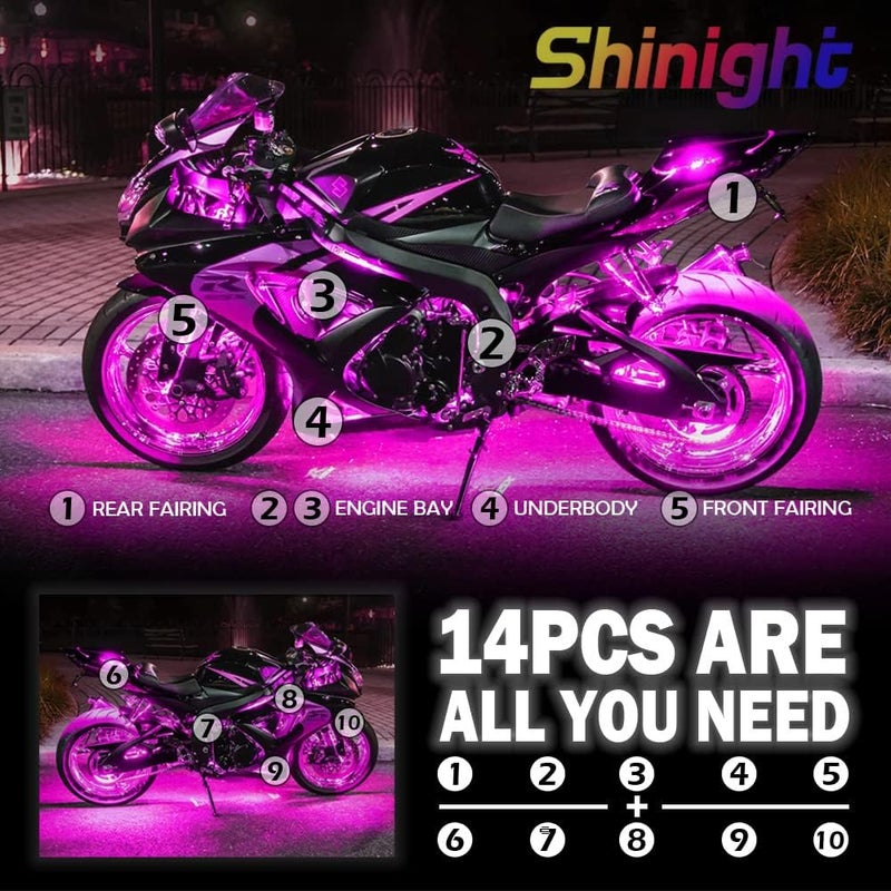 SHINIGHT 14 Pcs Motorcycle LED Light Kits, App Control Multicolor Waterproof Motorcycle LED Strip Lights with RF Remote, Music Sync & Multiple Scene Modes RGB LED Lights for Motorcycles - Image 2