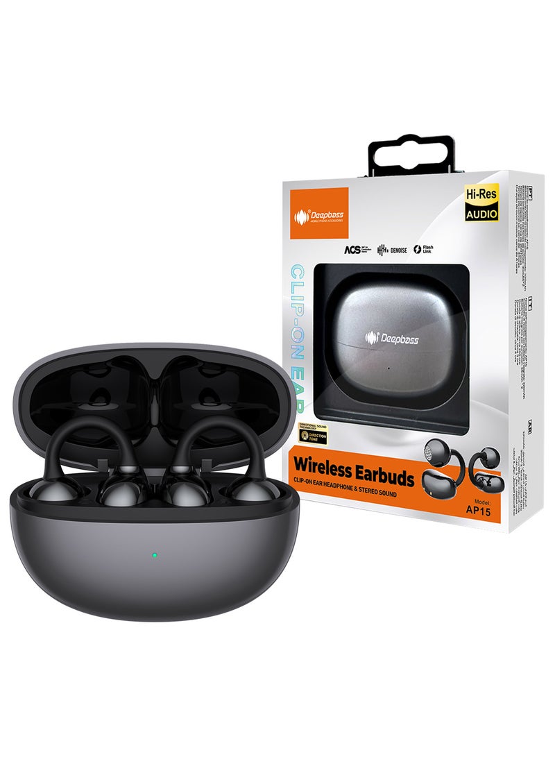 Deepbass AP15 Clip-On Wireless Earbuds – Hi-Res Audio with Stereo Sound & Secure Fit - Black