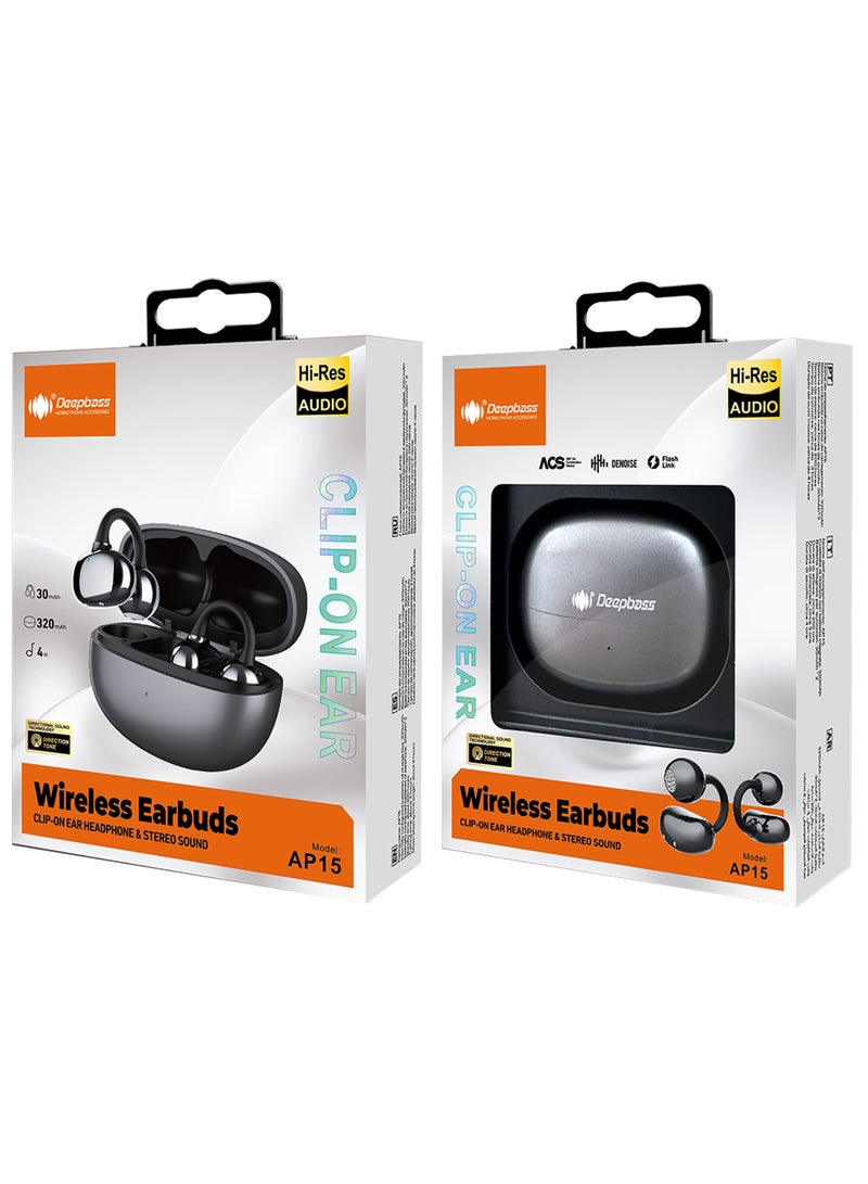 Deepbass AP15 Clip-On Wireless Earbuds – Hi-Res Audio with Stereo Sound & Secure Fit - Black