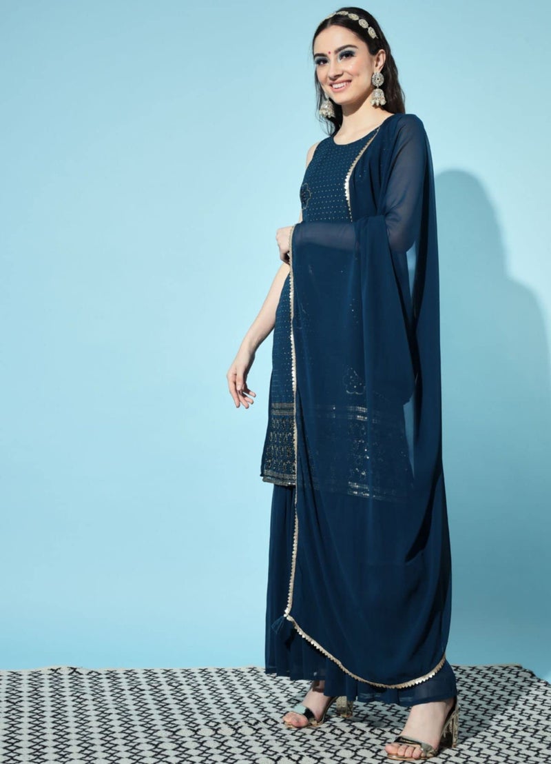 SHOPPING QUEEN Women's Georgette Embroidered Kurta and Sharara Set (A398_Peacock Blue_XS) - Image 5