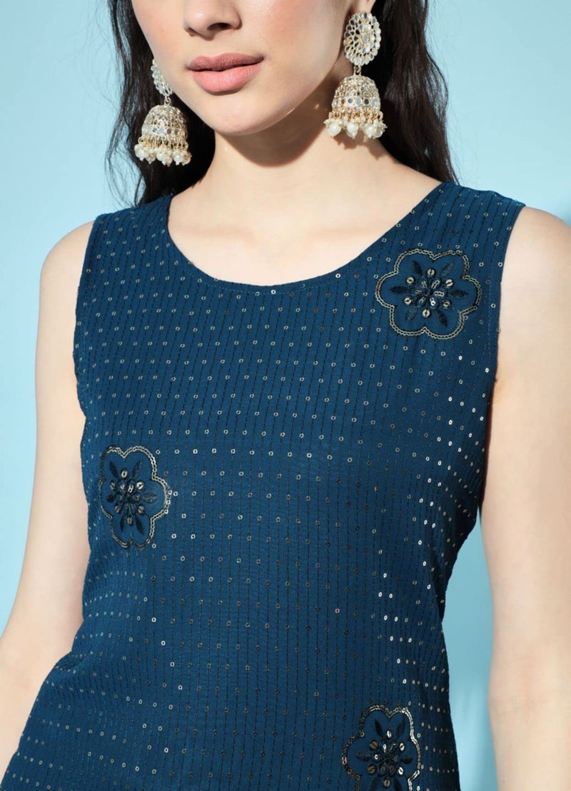 SHOPPING QUEEN Women's Georgette Embroidered Kurta and Sharara Set (A398_Peacock Blue_XS) - Image 3