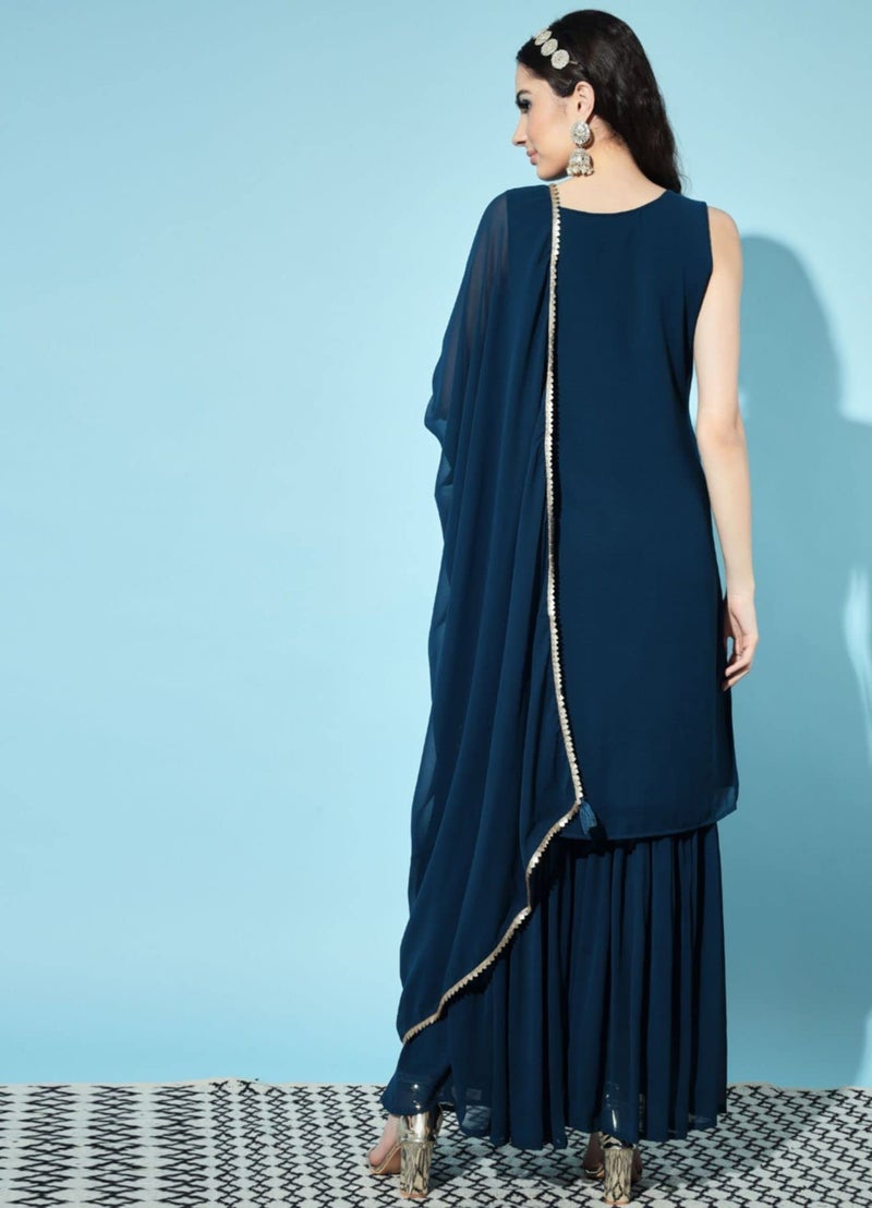 SHOPPING QUEEN Women's Georgette Embroidered Kurta and Sharara Set (A398_Peacock Blue_XS) - Image 2