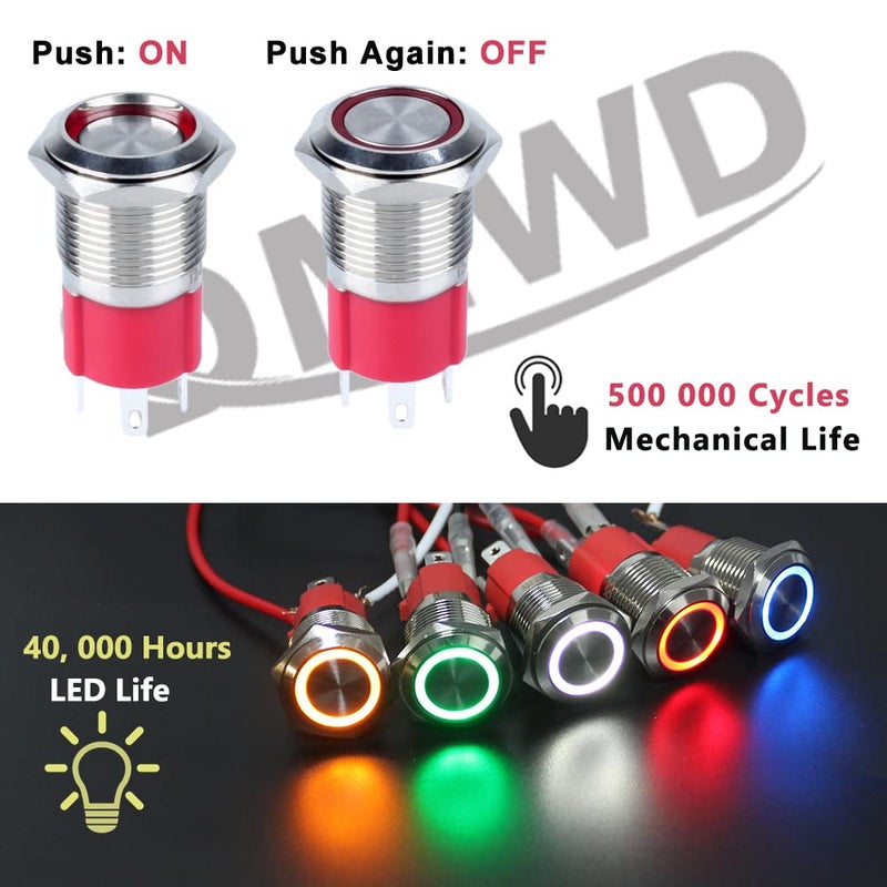 DMWD 16mm Heavy Duty Latching Metal Push Button Switch Waterproof Large Current 20Amp 12V-24V ON-OFF 1NO 4 Pins with Pre-wired Harness (Halo Ring Red LED) - Image 2