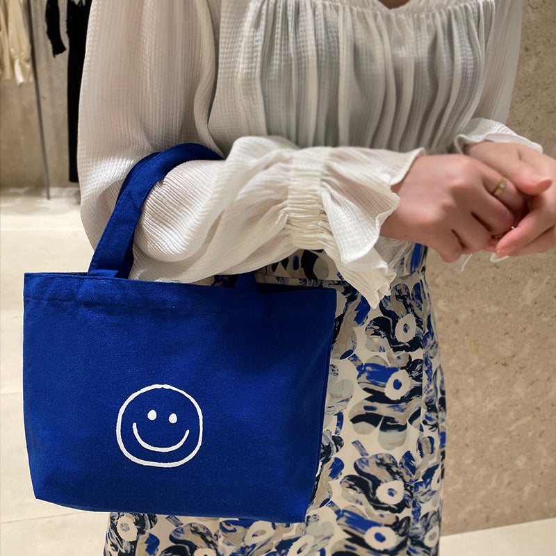 2023 Korean-Style Canvas Tote with Smile Design Blue 