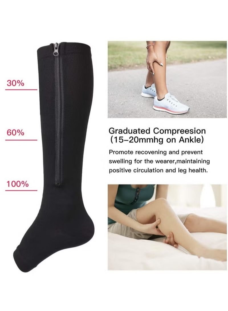 15 إلى 20mmHg الجوارب ضغط 2 أزواج Toeless مع الألياف النحاسية فتح اصبع القدم الركبة جوارب عالية الدعم مع سحاب للرجال والنساء اللحم والأسود - Image 3