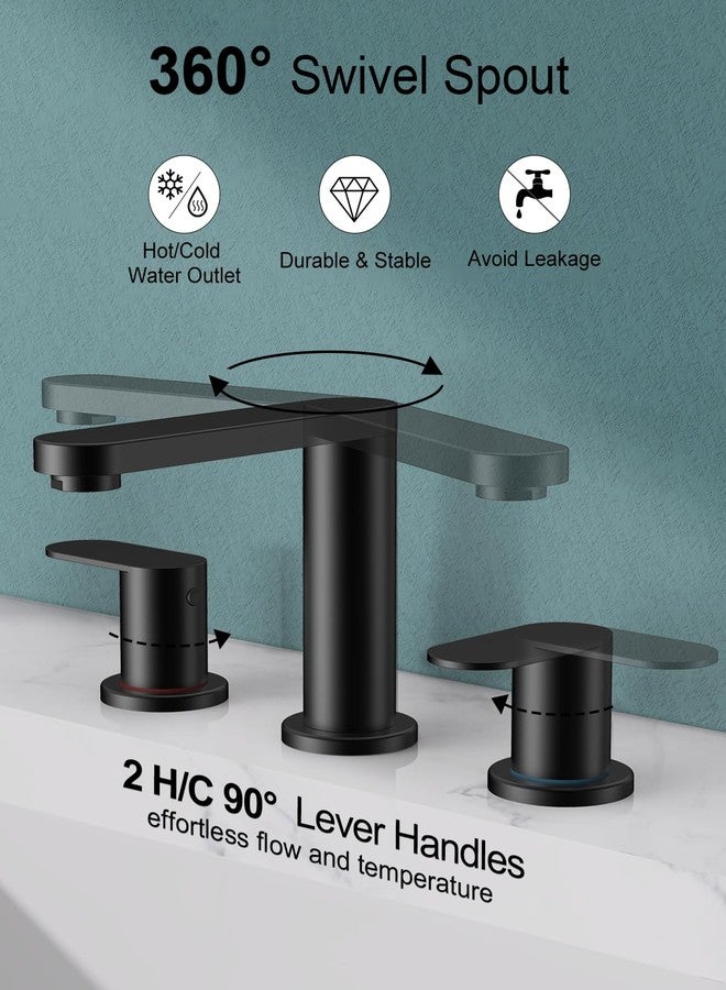 BWE Black Bathroom Faucet 3 Hole, Matte Black Bathroom Faucet 8 Inch Widespread, Pop-up Drain and Supply Lines, 360° Swivel Spout 2-Handle Bathroom Sink Faucets for Bath Vanity - Image 3