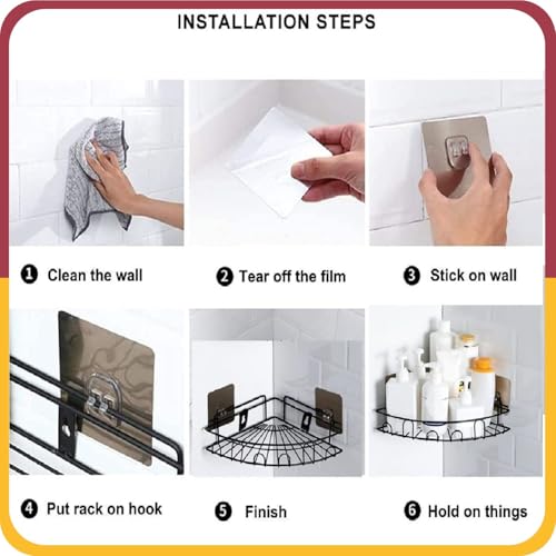 Amiraj Wall Mounted Self-Adhesive Bathroom Organizer | No Drill Kitchen Rack | Corner Shelf for Bathroom & Kitchen Accessories | GI Metal with Powder Coated Finish | Flower Corner, Black (Pack of 1) - Image 4