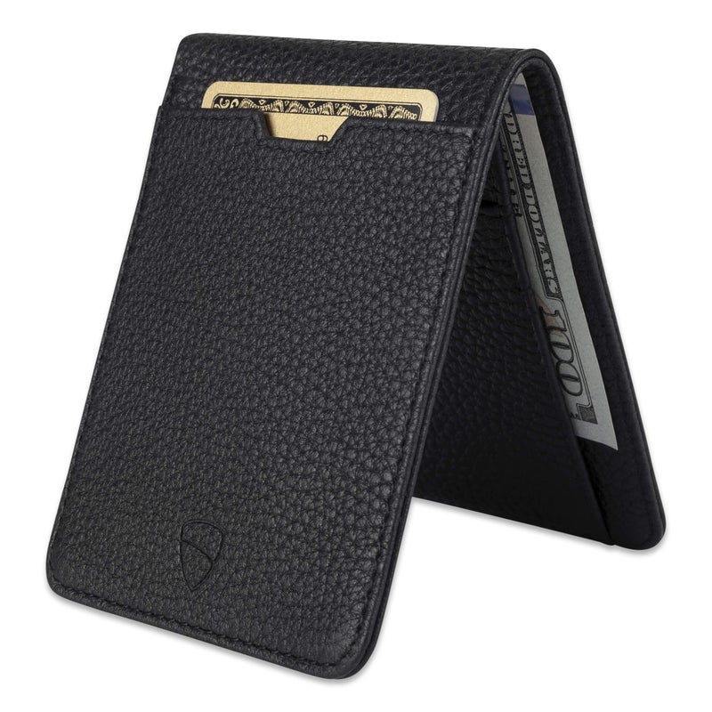 Vaultskin MANHATTAN Slim RFID Blocking Bifold Leather Wallet for Men - Minimalist Front Pocket Card Holder, Holds 9 Cards & Cash, Premium Italian Leather (Matt Black) - Image 1