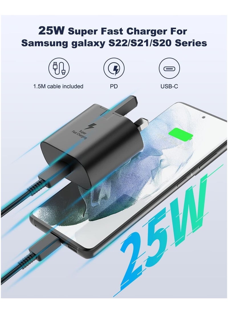 Generic - 25W Charger Type C Fast for Samsung Galaxy S24, S23, S22, S22 Ultra, S22+, S21, S20, A15, A25, A35, A55 5G, A05, A54, A53, A34, A32 TAB,USB C Super Fast Charger Adapter with 1.5m USB C Charging Cable - Image 1