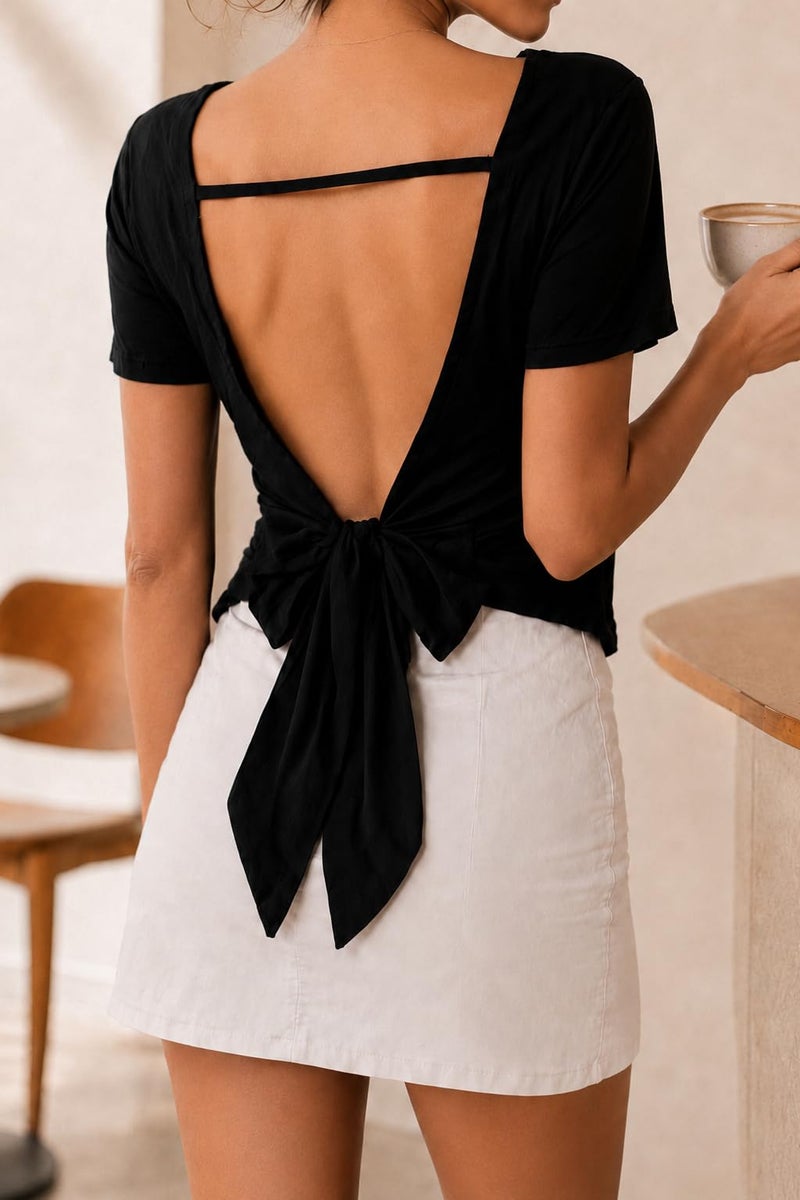 LilyCoco Backless Tops for Women Short Sleeve Sexy Crew Neck Tie Back Plain Shirt Black Small - Image 5