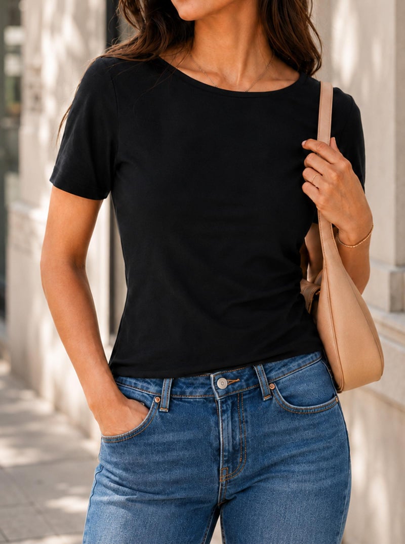 LilyCoco Backless Tops for Women Short Sleeve Sexy Crew Neck Tie Back Plain Shirt Black Small - Image 2