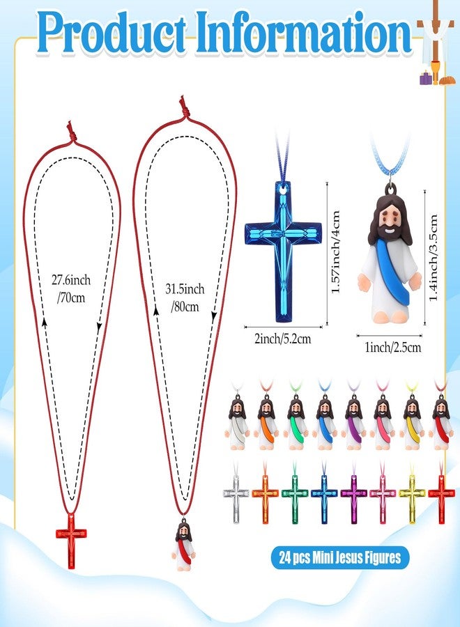 Bememo 24 Set Religious Toys 24 Mini Jesus Figurines Necklace 24 Plastic Crystal Cross Necklace Colored Tiny Pocket Jesus Dolls for Easter Eggs Stuffers Sunday Church School Christian Party Favors - Image 2