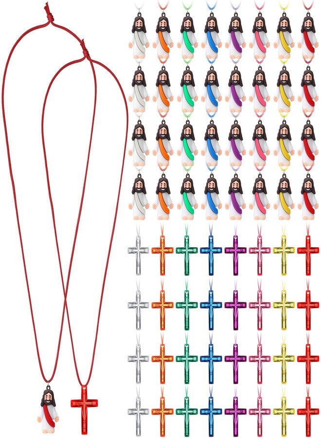 Bememo 24 Set Religious Toys 24 Mini Jesus Figurines Necklace 24 Plastic Crystal Cross Necklace Colored Tiny Pocket Jesus Dolls for Easter Eggs Stuffers Sunday Church School Christian Party Favors - Image 1