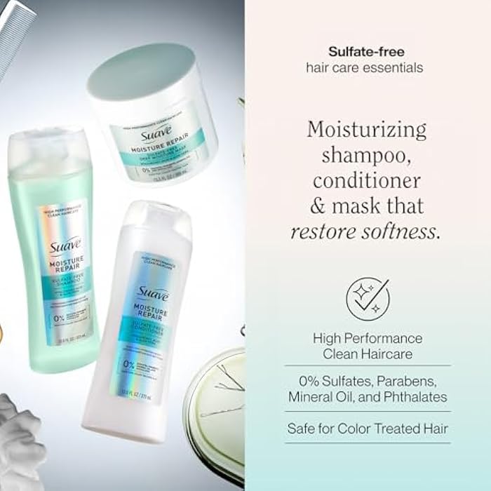 Suave مجموعة شامبو وبلسم سوفي مرطب خالي من الكبريتات + قناع ترطيب عميق - علاج خفيف الوزن ومرطب للشعر الجاف والتالف - Image 2