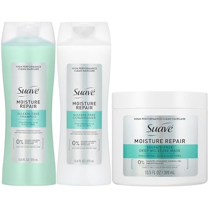 Suave مجموعة شامبو وبلسم سوفي مرطب خالي من الكبريتات + قناع ترطيب عميق - علاج خفيف الوزن ومرطب للشعر الجاف والتالف - Image 1