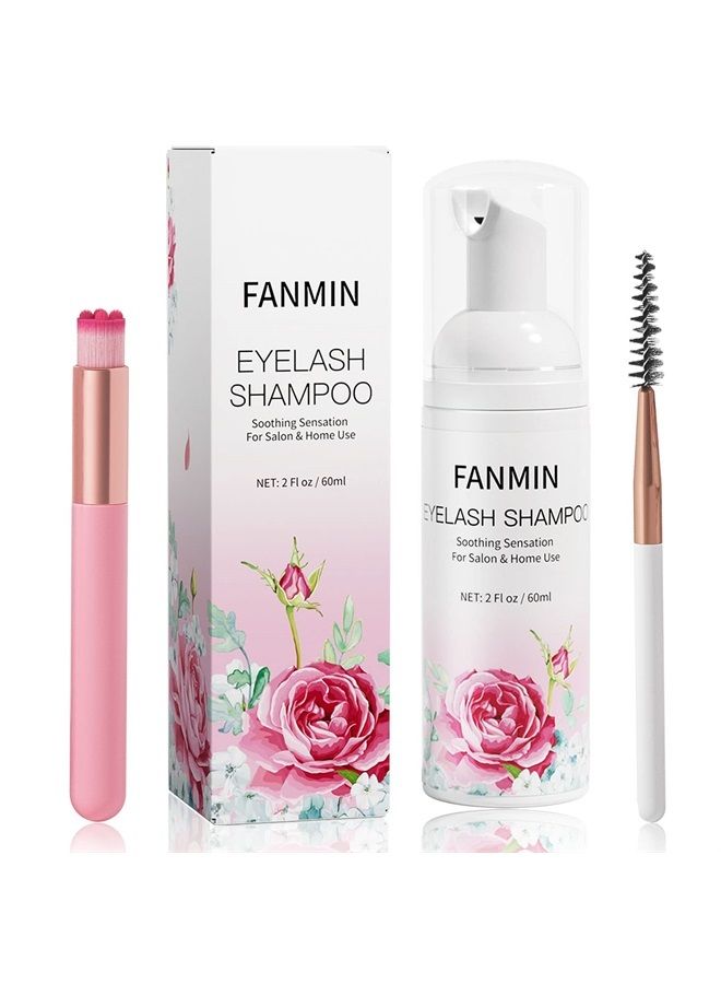 Fanmin Eyelash Extension Cleanser 60ml +Mascara Wand+ Brush Eyelid Foaming Cleanser,Eyelash Wash and Lash Bath for Extensions,Paraben & Sulfate Free,Makeup Remover,Salon and Home use（60ml/2fl.oz） - Image 1