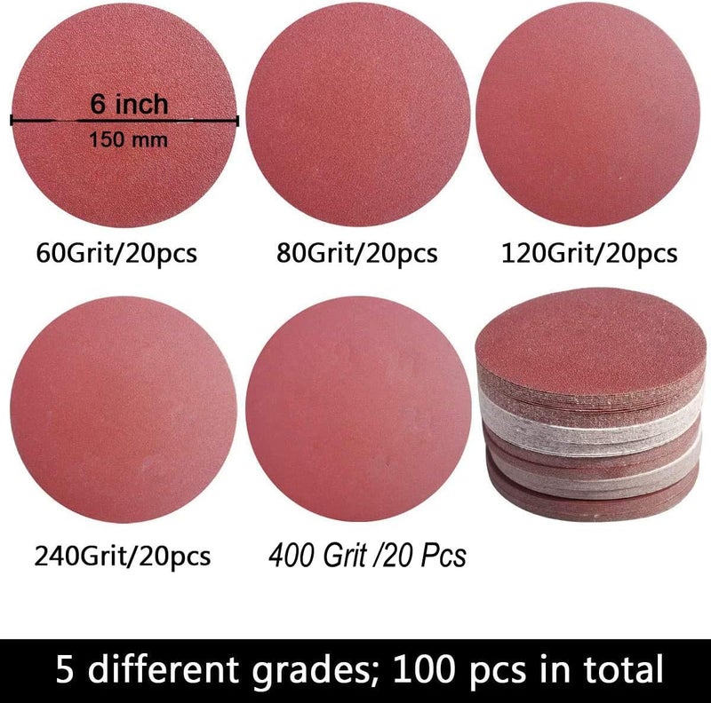 Tonmp 100 PCS 6 Inch No Hole Hook and Loop Sanding Disc Set- 60 80 120 240 400 Grit Sandpaper, 6" Aluminum Oxide Sander Paper for Random Orbit Sanders - Image 2