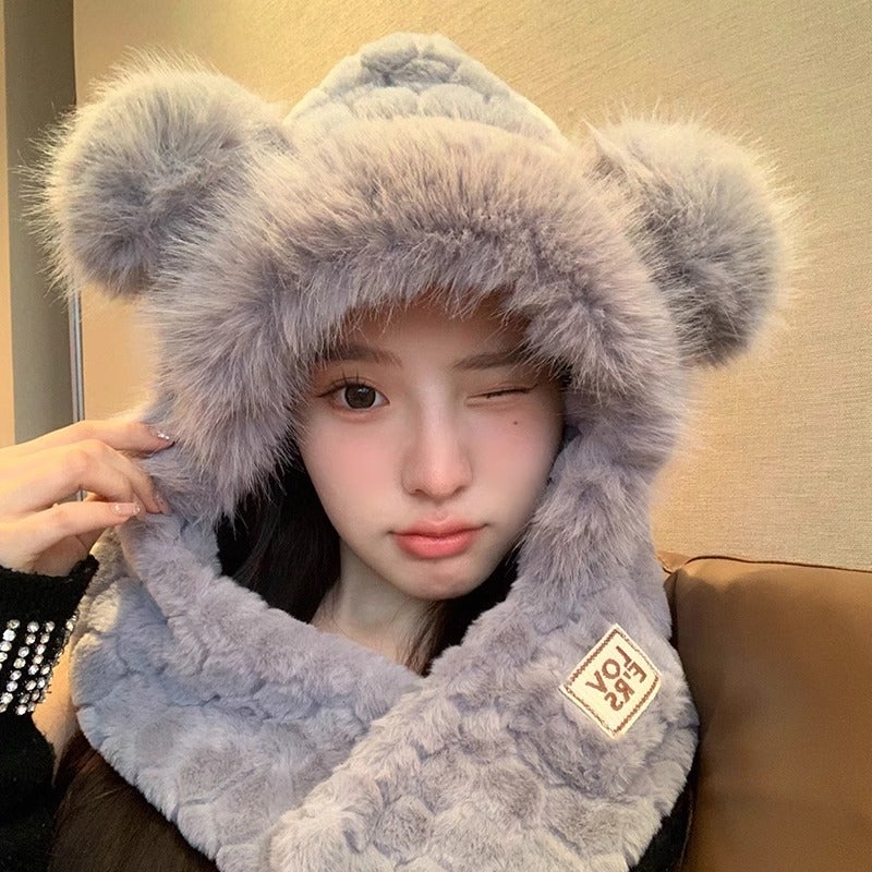 2024 Bear Hat Scarf Gloves Set Women Autumn Winter Gray (two-piece set)