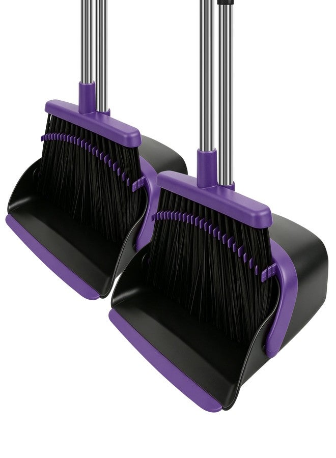 UDUK Broom and Dustpan Set 2 Pack, Upright Stand Up Broom and Dustpan Combo with Long Handles, Self-Cleaning Dustpan Teeth, Indoor Outdoor Sweeping Set for Home, Kitchen, Garage Pet Areas Purple - Image 1