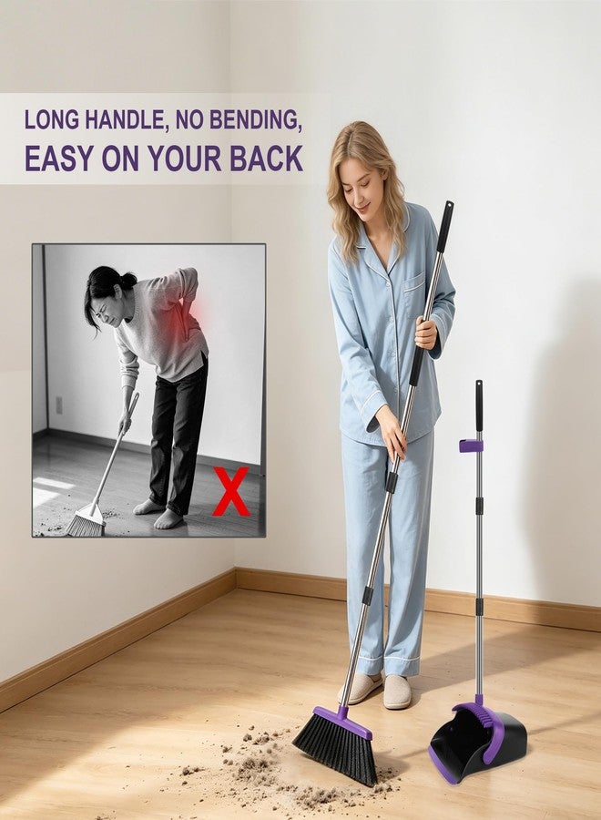 UDUK Broom and Dustpan Set 2 Pack, Upright Stand Up Broom and Dustpan Combo with Long Handles, Self-Cleaning Dustpan Teeth, Indoor Outdoor Sweeping Set for Home, Kitchen, Garage Pet Areas Purple - Image 3