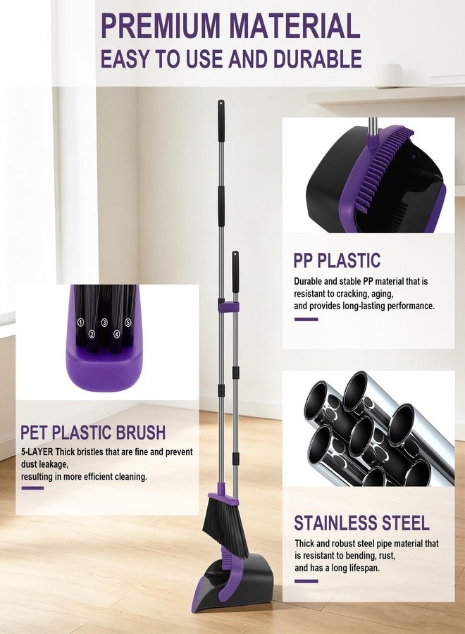UDUK Broom and Dustpan Set 2 Pack, Upright Stand Up Broom and Dustpan Combo with Long Handles, Self-Cleaning Dustpan Teeth, Indoor Outdoor Sweeping Set for Home, Kitchen, Garage Pet Areas Purple - Image 4