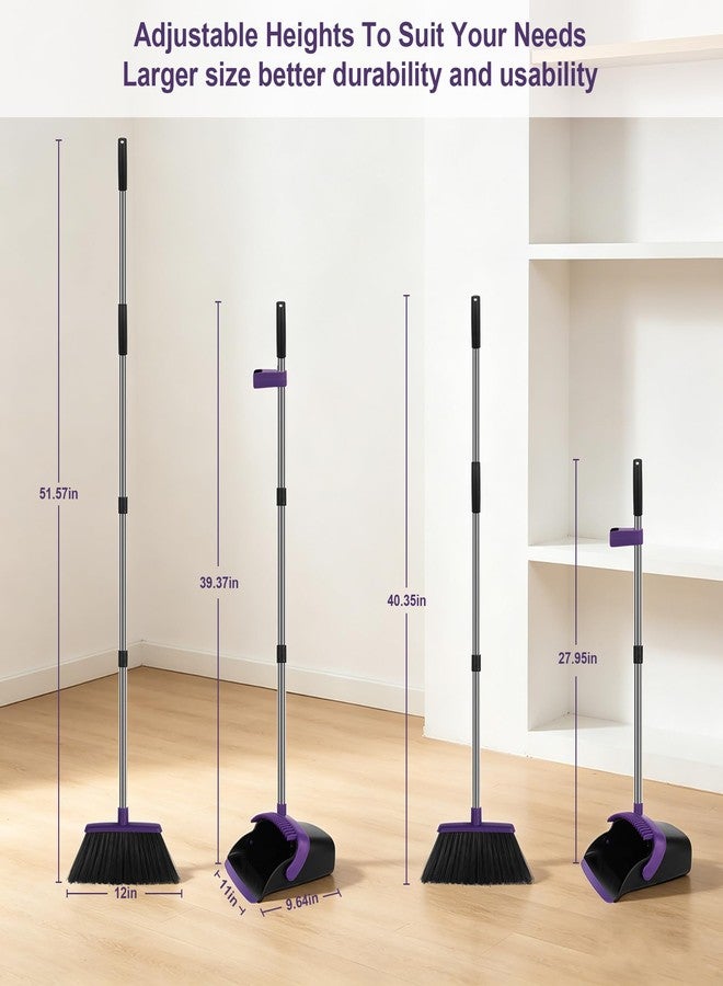 UDUK Broom and Dustpan Set 2 Pack, Upright Stand Up Broom and Dustpan Combo with Long Handles, Self-Cleaning Dustpan Teeth, Indoor Outdoor Sweeping Set for Home, Kitchen, Garage Pet Areas Purple - Image 2