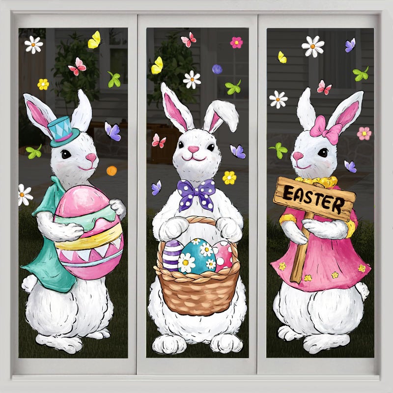 Celltestria 6 Sheets Easter Window Clings Extra Large Easter Bunny Window Decals Oil Painting Rabbits Eggs Flowers Stickers for Holiday Home Office School Party Gifts Decor Spring Glass Decoration - Image 1