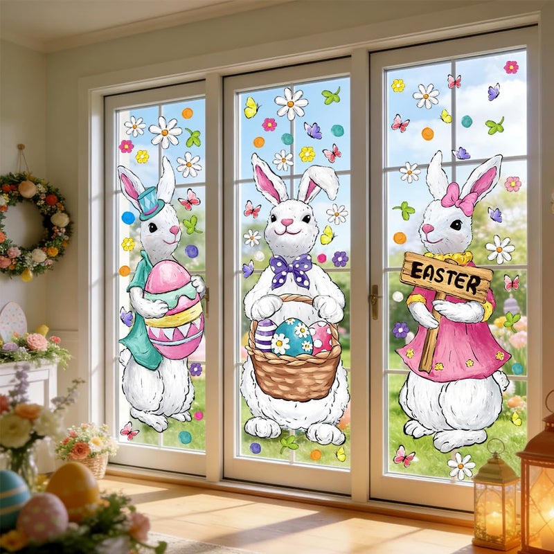 Celltestria 6 Sheets Easter Window Clings Extra Large Easter Bunny Window Decals Oil Painting Rabbits Eggs Flowers Stickers for Holiday Home Office School Party Gifts Decor Spring Glass Decoration - Image 4