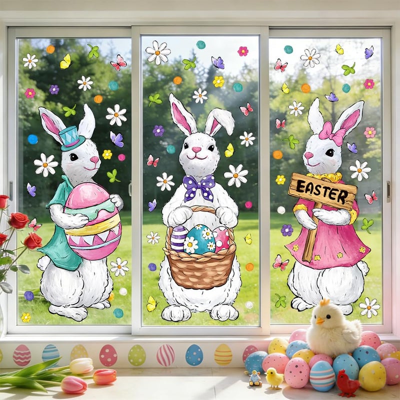 Celltestria 6 Sheets Easter Window Clings Extra Large Easter Bunny Window Decals Oil Painting Rabbits Eggs Flowers Stickers for Holiday Home Office School Party Gifts Decor Spring Glass Decoration - Image 3