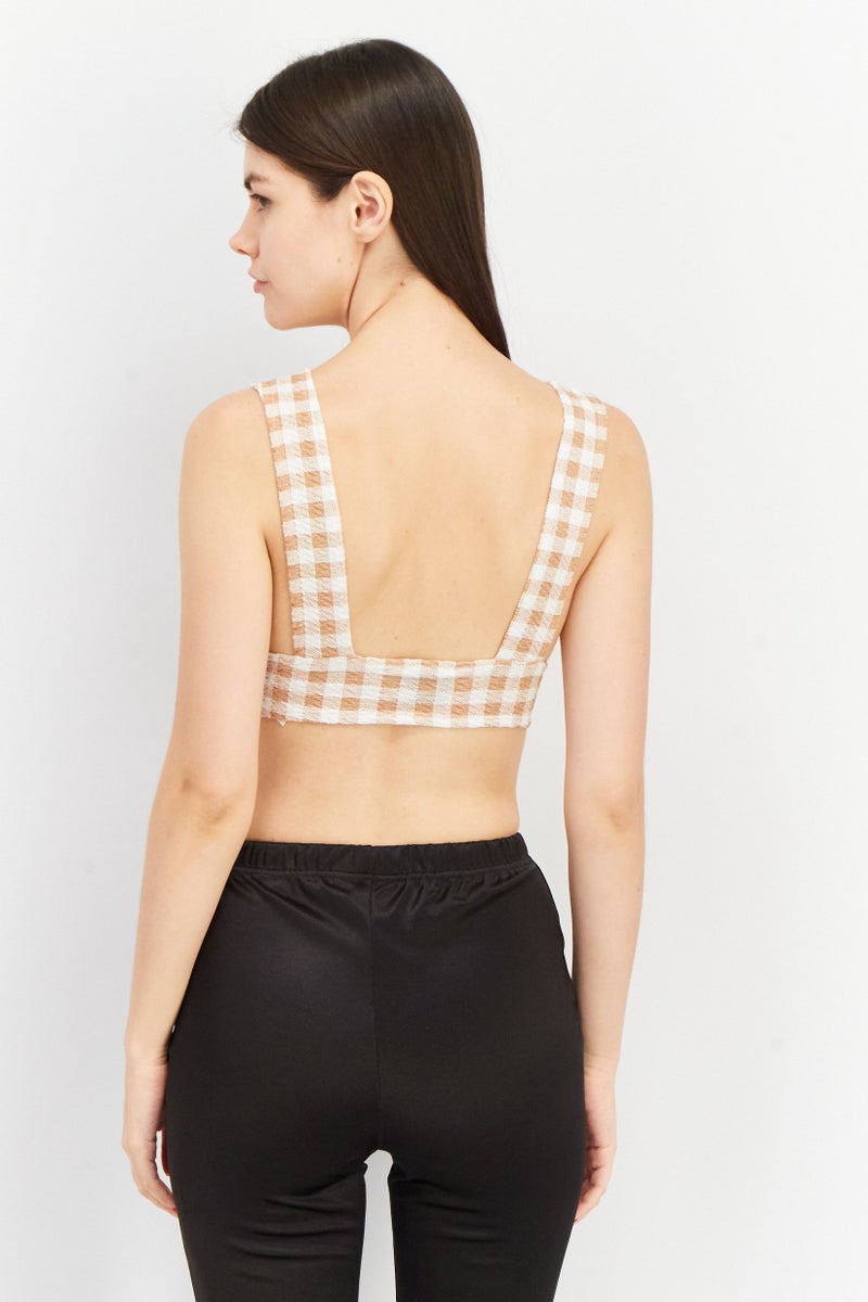 Asos Design Women Plunging Neck Sleeveless Checkered Crop Top, Brown - Image 3