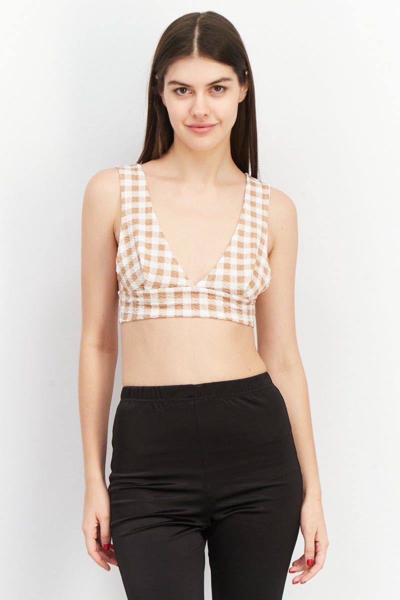 Asos Design Women Plunging Neck Sleeveless Checkered Crop Top, Brown - Image 1