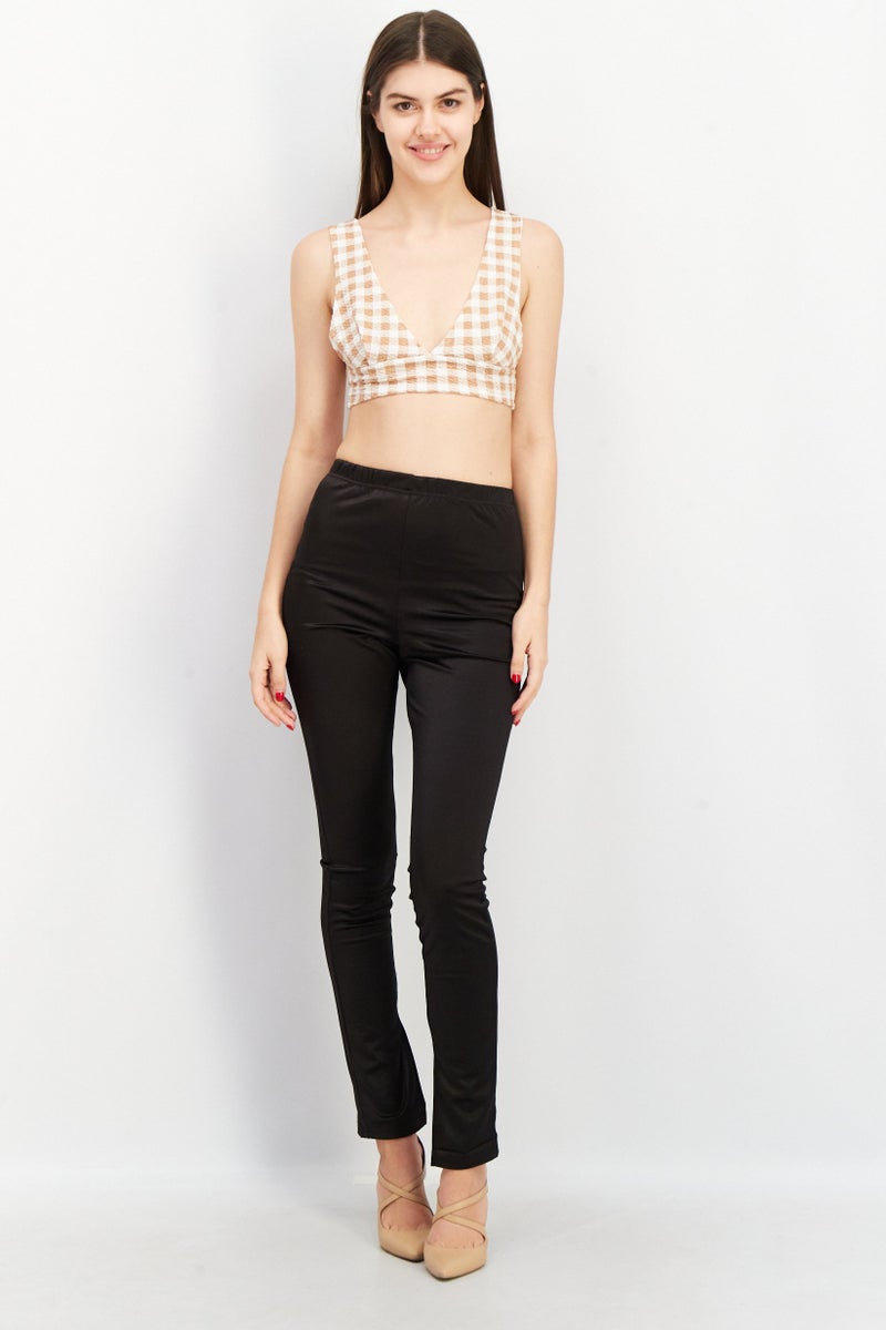 Asos Design Women Plunging Neck Sleeveless Checkered Crop Top, Brown - Image 4