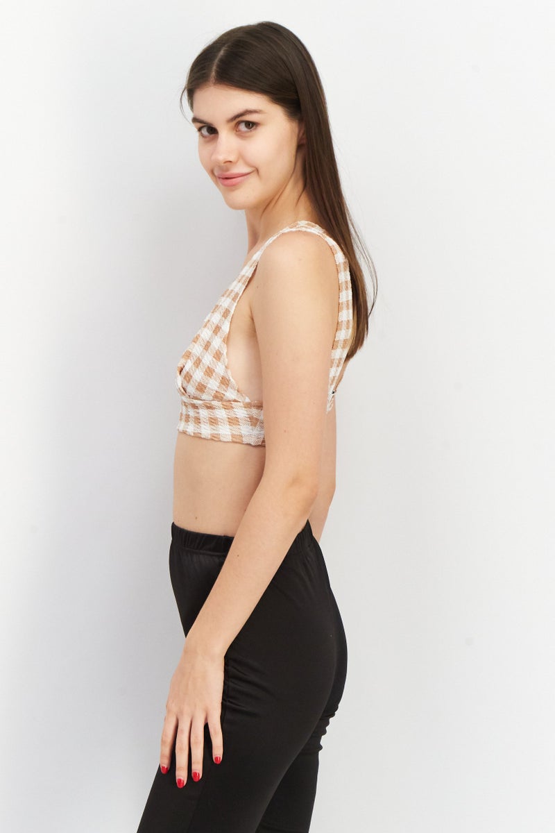 Asos Design Women Plunging Neck Sleeveless Checkered Crop Top, Brown - Image 2