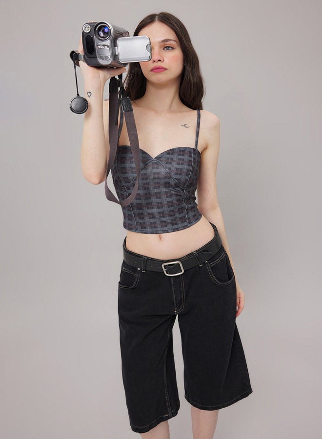 trendyol Multicolored Plaid Printed Fitted/Fits Body Sweetheart Neck Crop Stretch Knit Bustier - Image 1