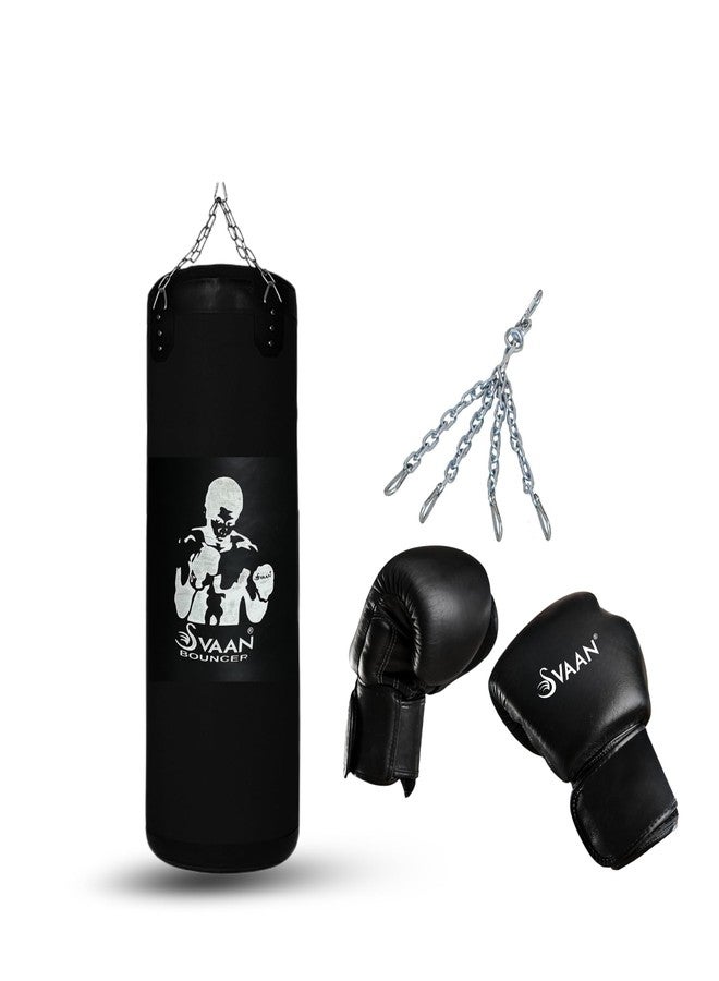 طقم ملاكمة سفان | كيس ملاكمة فارغ، كيس ملاكمة بسلسلة فائقة القوة وقفازات من الجلد الصناعي المقاوم للماء | اللون أسود | المقاس 42 | - Image 1