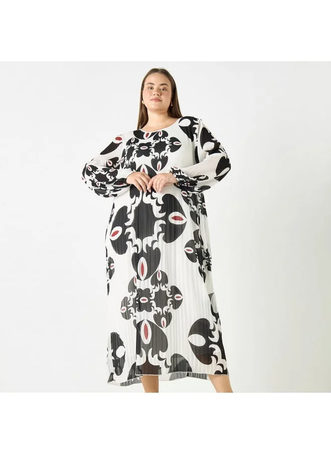 Ulla Popken Plus Size Ulla Popken All-Over Print Dress with Long Sleeves