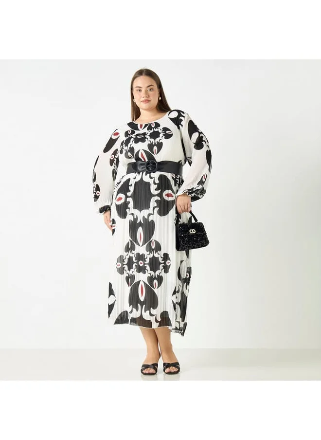 Ulla Popken Plus Size Ulla Popken All-Over Print Dress with Long Sleeves