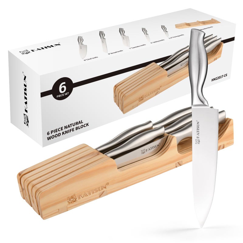 KATISUN Kitchen Knife Set, 6 Pieces Knife Block Sets with Pine Knives Drawer Organizer, Perfect for Home and Chefs, Premium Knife Holder, Gift for Holiday and Housewarming - Image 1