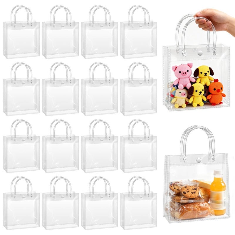 BadenBach 16 Pack Clear Gift Bags with Handles, 7.9" x 7.9" x 3.2" Small Reusable Plastic Party Favor Bags Bulk, Transparent PVC Tote Bag for Wedding, Birthday, Mother's Day, Boutique (20x20x8 cm) - Image 1