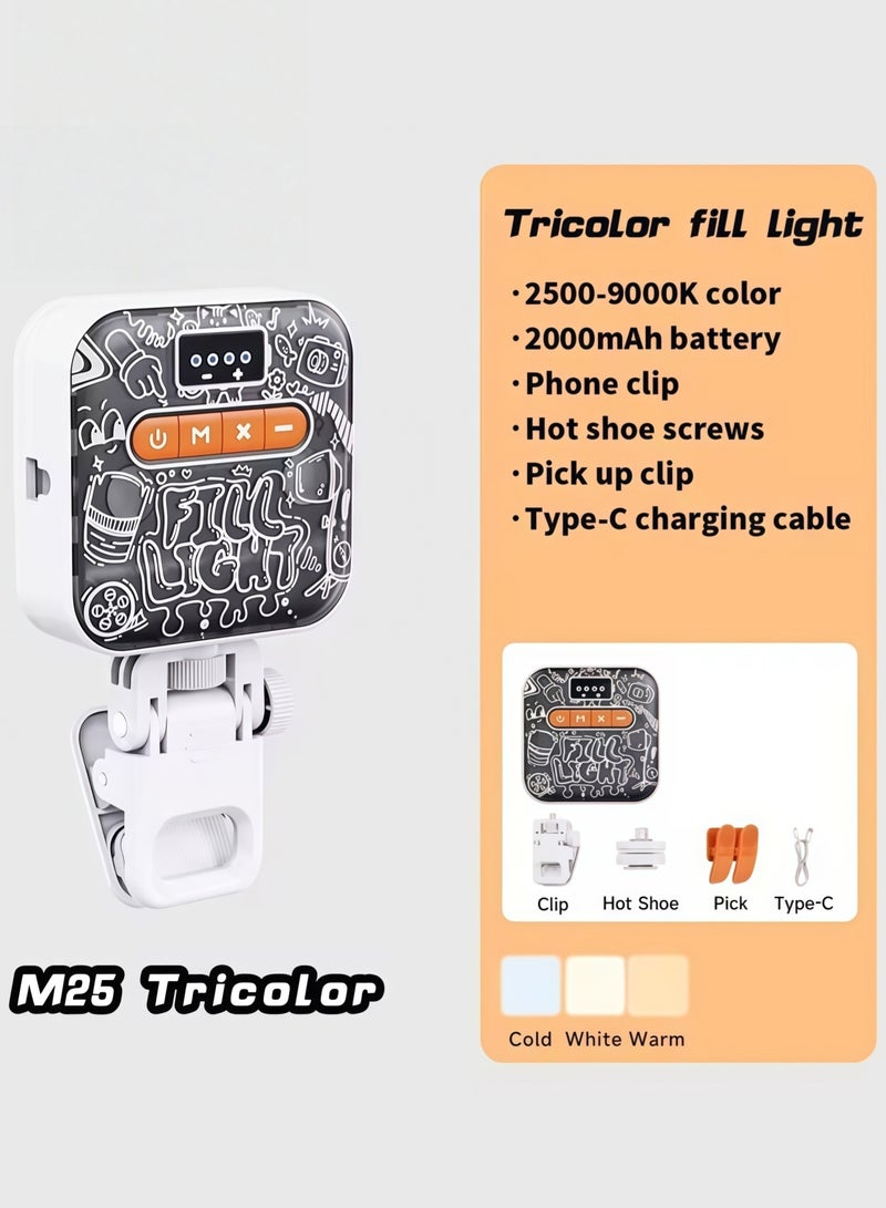 FlashHawk Mini Tri-colors LED Video Light, 2500K-9000K Adjustable Color Temperature, 2000mAh Rechargeable Battery with Fun Graffiti Design, Clip-On/Hot Shoe Mount for Phone Camera Vlogging Photography, Portable Selfie Fill Light - White - Image 1