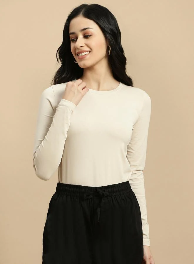 ECOLORE Beige Solid Long Sleeves Top