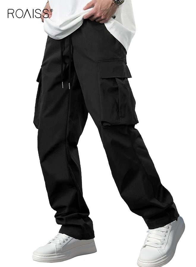 roaiss Men's Casual Cargo Pants Workout Joggers Stretch Sweatpants Hiking Drawstring Tactical Pants with Multi Pockets Athleisure Solid Black Trousers  - Image 1