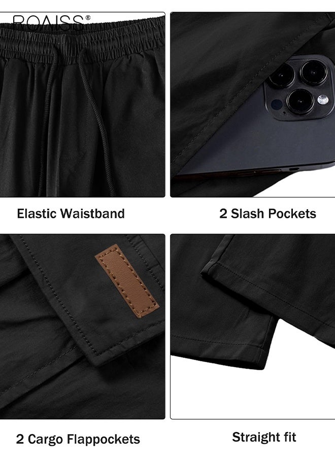 roaiss Men's Casual Cargo Pants Workout Joggers Stretch Sweatpants Hiking Drawstring Tactical Pants with Multi Pockets Athleisure Solid Black Trousers  - Image 3