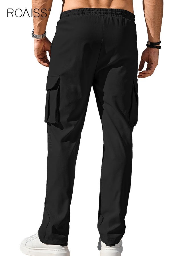 roaiss Men's Casual Cargo Pants Workout Joggers Stretch Sweatpants Hiking Drawstring Tactical Pants with Multi Pockets Athleisure Solid Black Trousers  - Image 2