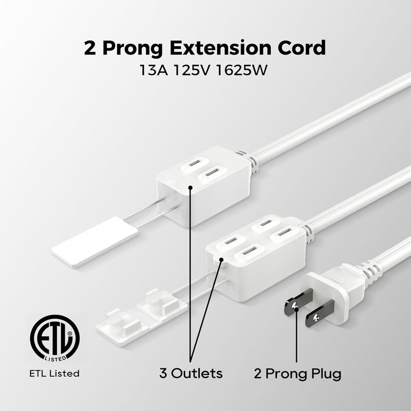 TOPDC 2 Prong 6 ft Extension Cord with 3 Outlets, ETL Listed Indoor Extension Cord with Safety Cap, Slim Flat Design for Home, Office and Christmas Lights, 16 AWG/13A/1625W, 2-Pack, White - Image 3